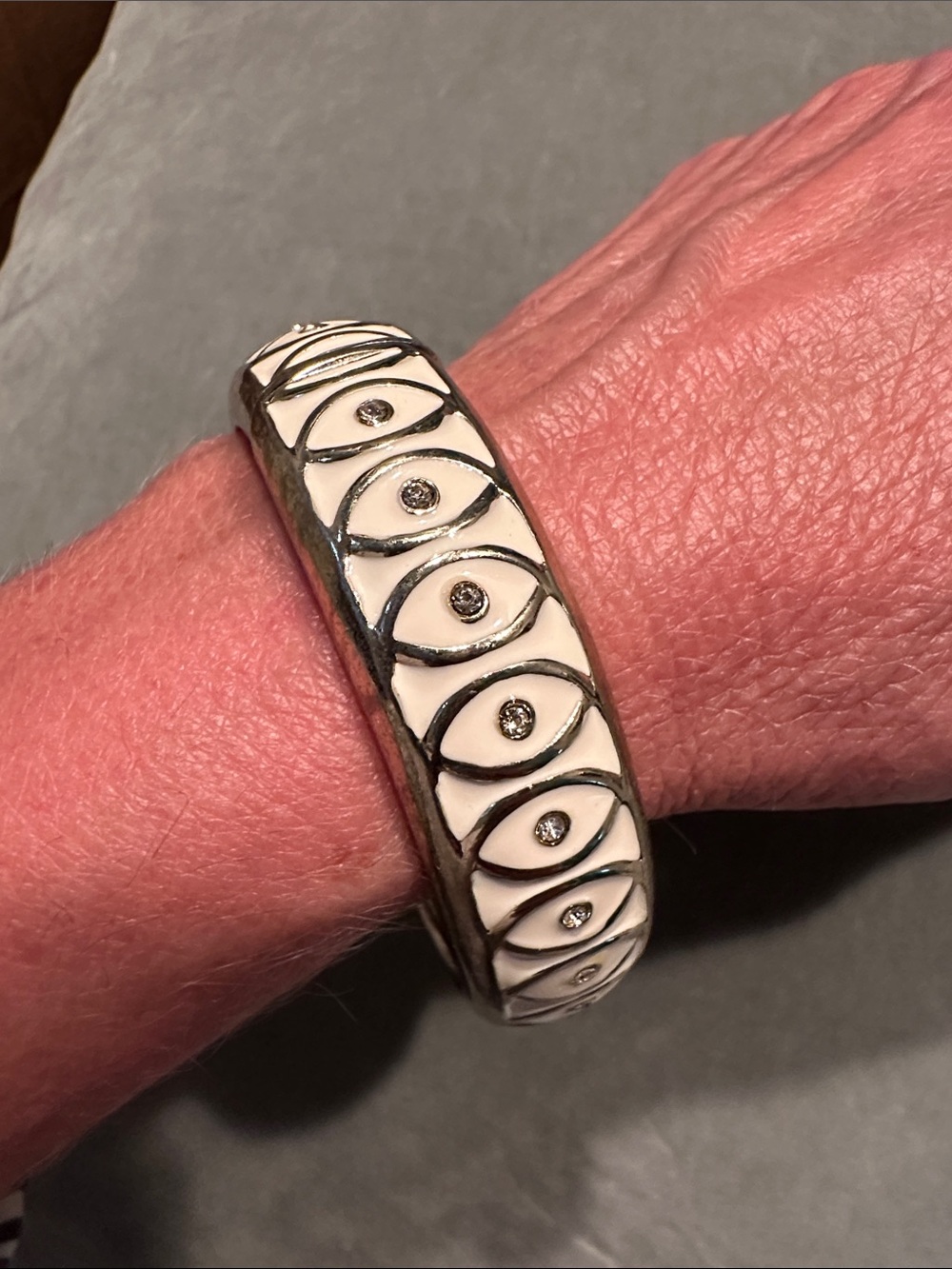 White Enamel and Silver Tone Bangle Bracelet with Crystal Accents